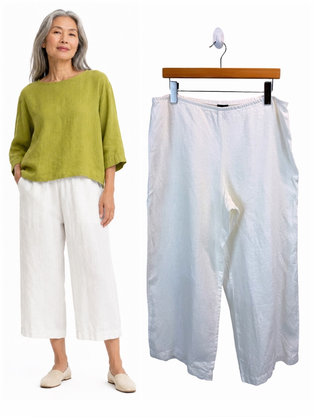 Eileen Fisher White Irish Linen Wide Leg Crop Pants M Coastal Quiet Luxury